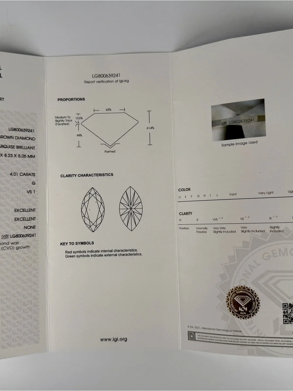 4.01 Ct IGI Certified Lab Grown Marquise Loose Diamond G VS1 CVD Excellent | New